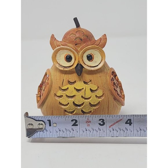 Wood Owl Figurine Pear Shaped With Stem Hand Painted Carved Orange Glitter Wings - Picture 7 of 9